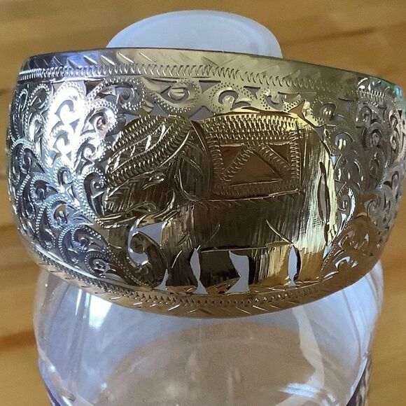 STERLING SILVER 925 GOLD PLATED ELEFANT FILIGREE WIDE LARGE BRACELET​​ - Picture 5 of 7